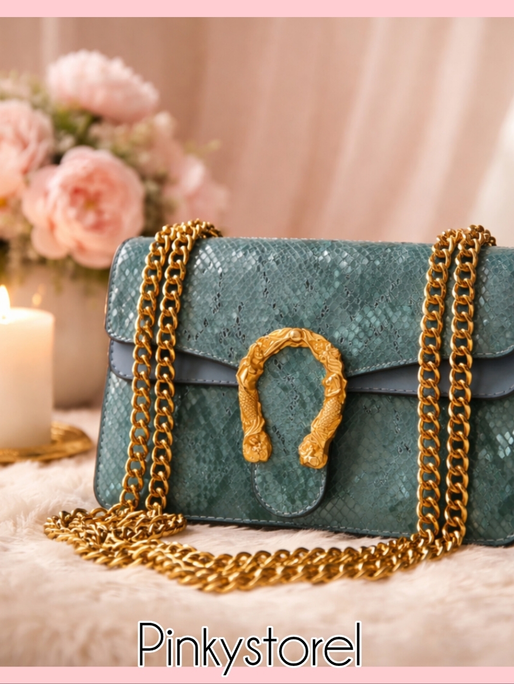 Teal Snake-Embossed Chain Shoulder Bag
